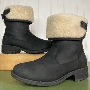 UGG Fold Down ALDON Fleece Lined Moto Boots in Black Leather